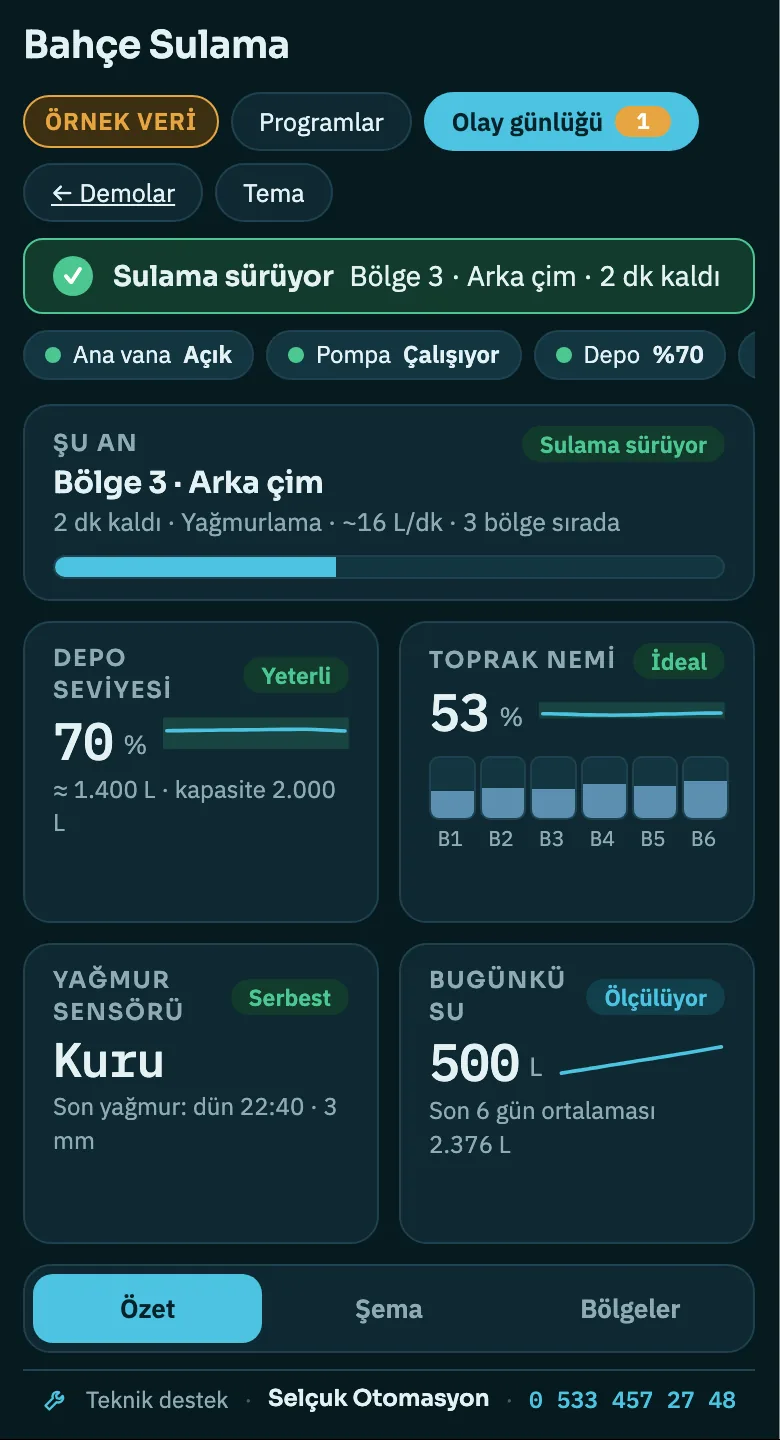 Bahçe sulama paneli telefon görünümü: özet