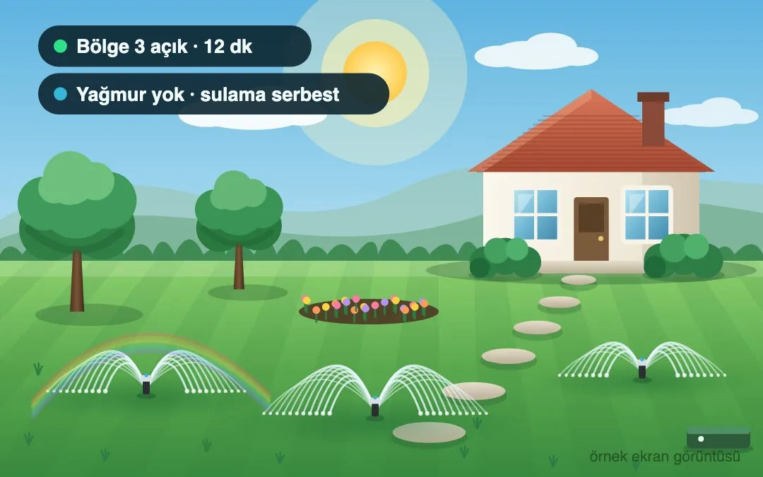 Bahçe sulama otomasyonu demo ekranı: altı sulama bölgesi